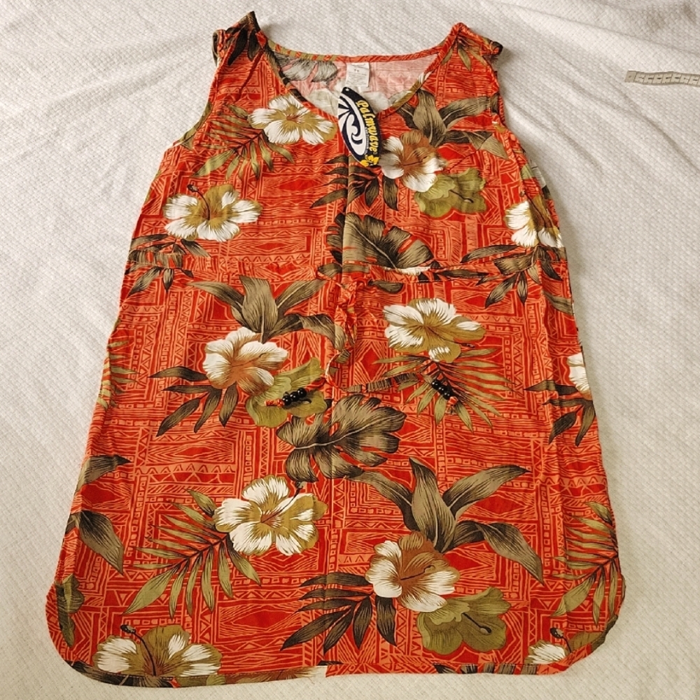 PalmWave Hawaii Orange Green Hibiscus Floral Dress Small NWT